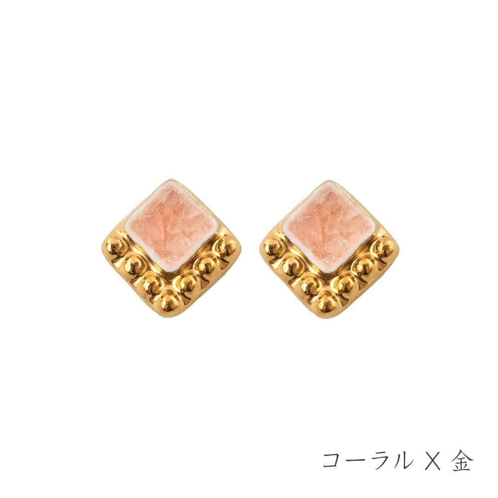 【七窯社】レトロ コーラル×金スクエアピアス 金彩×陶器の手作りアクセサリー