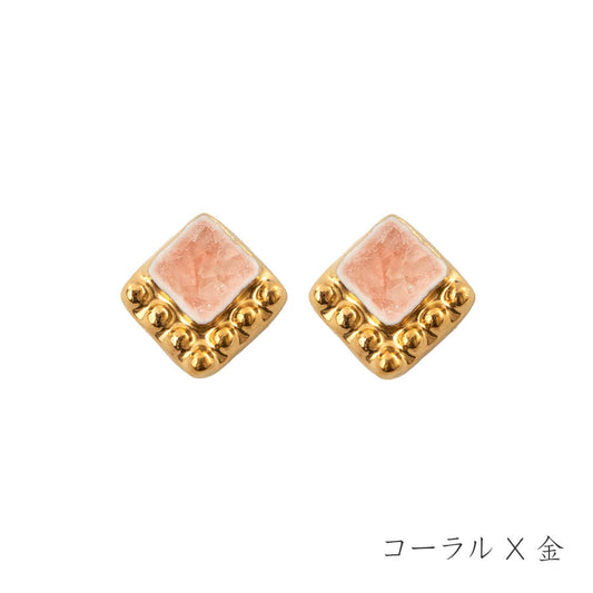 【七窯社】レトロ コーラル×金スクエアピアス 金彩×陶器の手作りアクセサリー